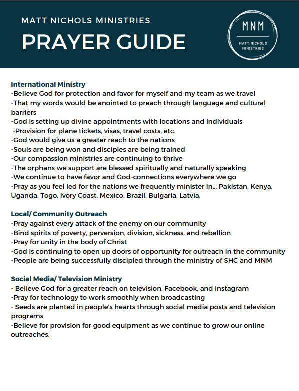 Prayer Guide Matt Nichols Ministries